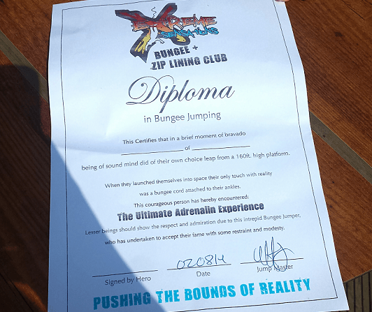 Bungee Jumping Newcastle UK certificate