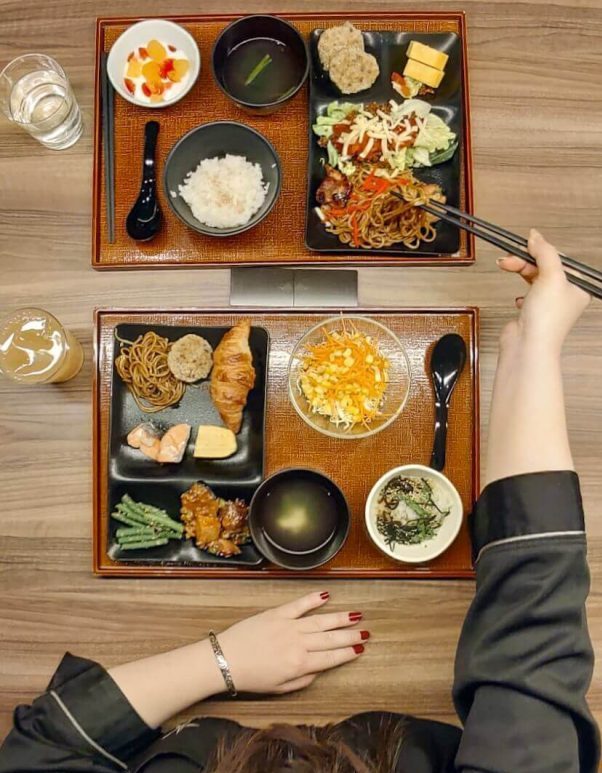 Breakfast for two at Candeo Hotels- Japanese hamburger which is a must try fried soba, sweet omelette, yoghurt, stew and rice plus ginger soup and miso at Candeo Hotels Osaka Namba in Japan - read more at www.whatsupcourtney.com