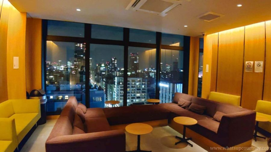 The communal lounge area on the top floor with ice cream, alcohol and soda vending machines available at Candeo Hotels Osaka Namba in Japan - read more at www.whatsupcourtney.com
