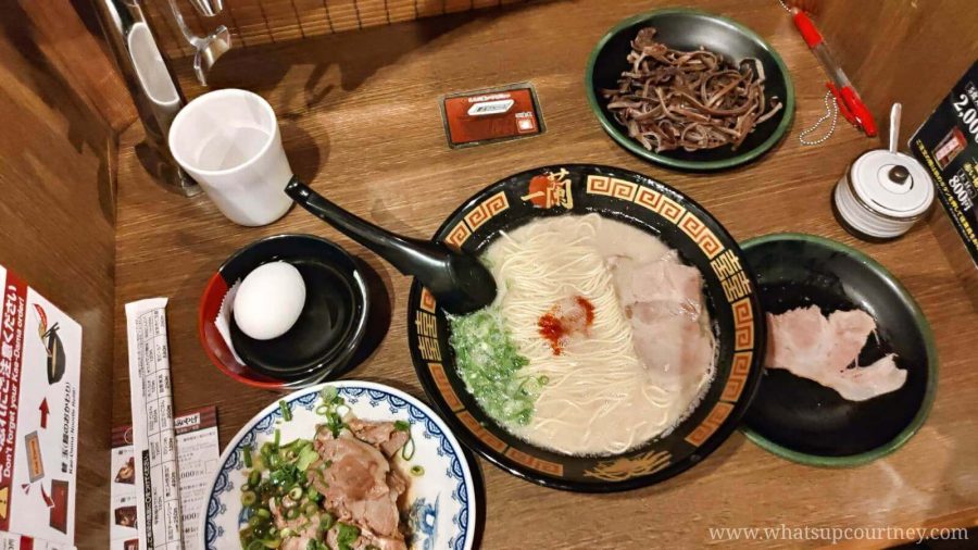 Tonkotsu Ramen at the famous Ichiran Ramen, plus all the condiments which are paid seperately including egg, extra pork and mushrooms. Choose how you like your broth spiciness and how you like your noodles cook - it's incredibly delicious!