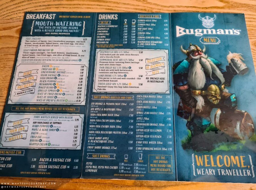 The breakfast and drinks menu at Bugmans in Warhammer world at Nottingham