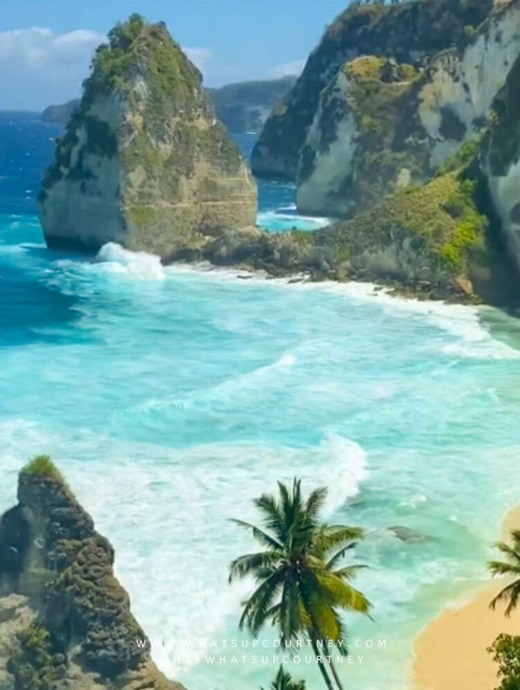 View from above, a beach and rock formation in Bali Indonesia
