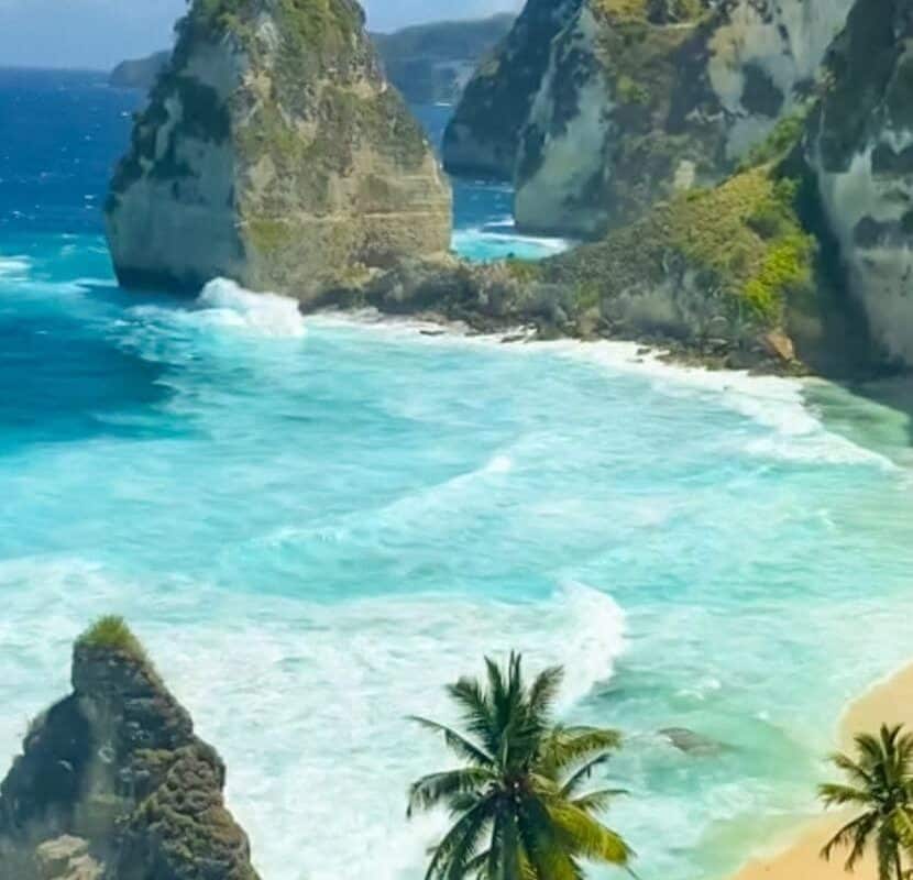 View from above, a beach and rock formation in Bali Indonesia