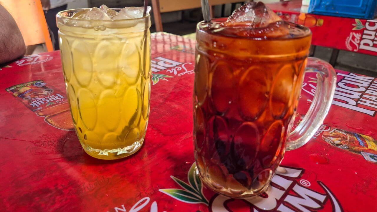 Iced drinks in a warung in Yogya, Iced orange drink and sweet iced tea