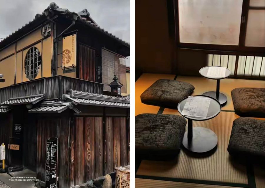 Exterior and Interior of Starbucks in Kyoto Kiyomizu Dera area that has tatami seatings