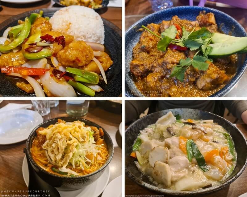 Kung Pao fish with rice dish, beef rendang, chicken laksa and wan tan hor noodle dish from Chilli Padi Newcastle upon tyne