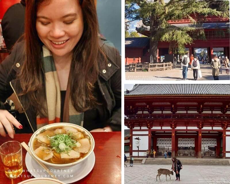 A collage of pictures of Courtney having ramen in Kyoto, Nara and Tokyo shrine, part of my Japan Travel Guide