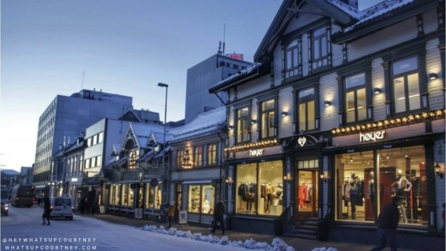 Tromso norway city centre high street shops in winter