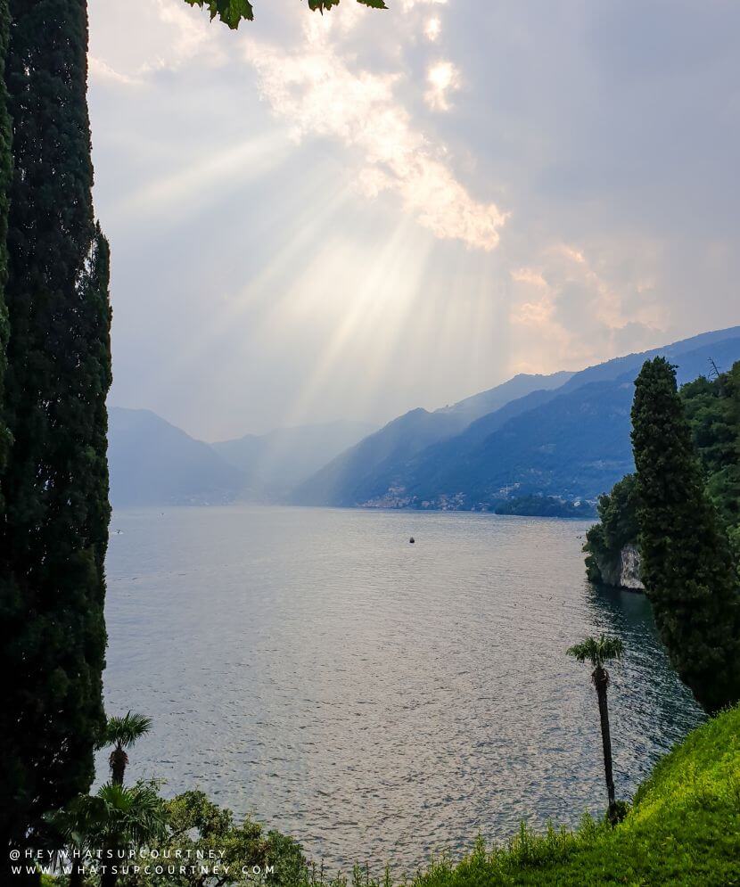 Stunning view of Lake Como from Villa del Babianello with the sun coming out