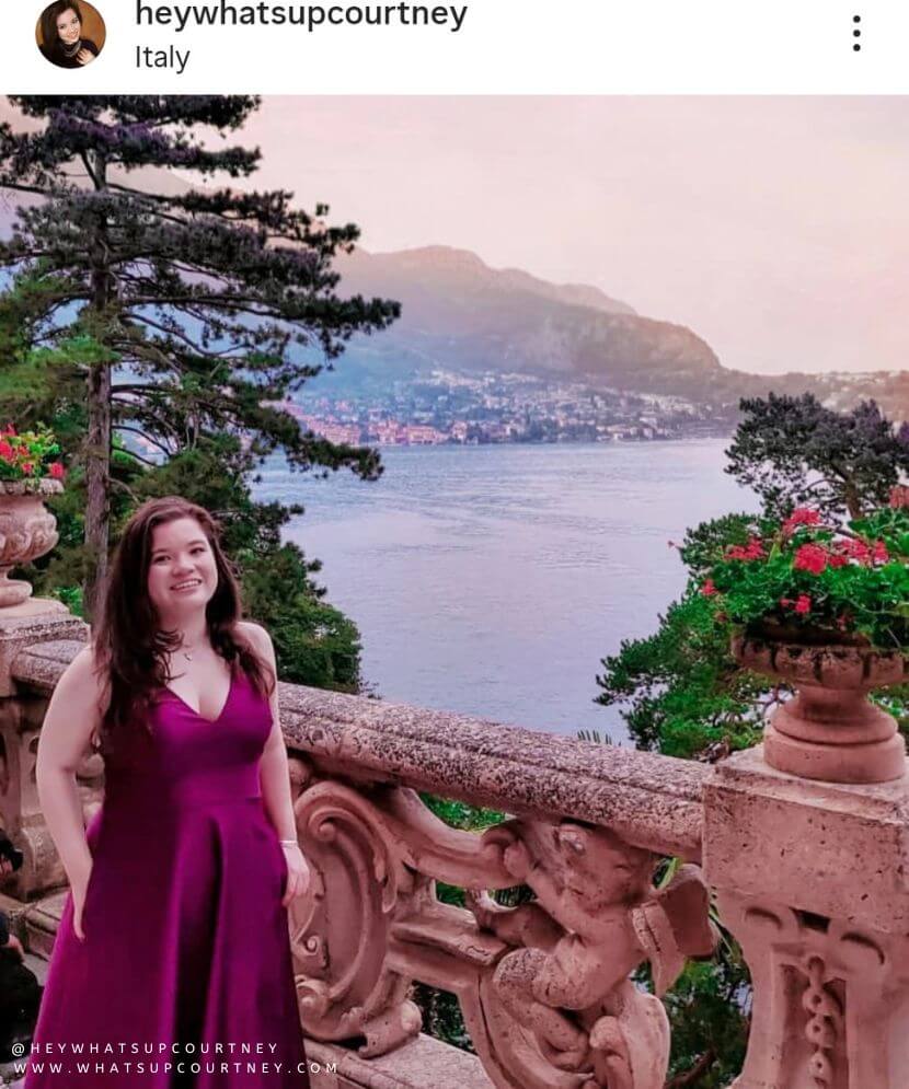 Courtney from whatsupcourtney.com posing at Villa del Balbianello in Lake Como Italy for a wediing