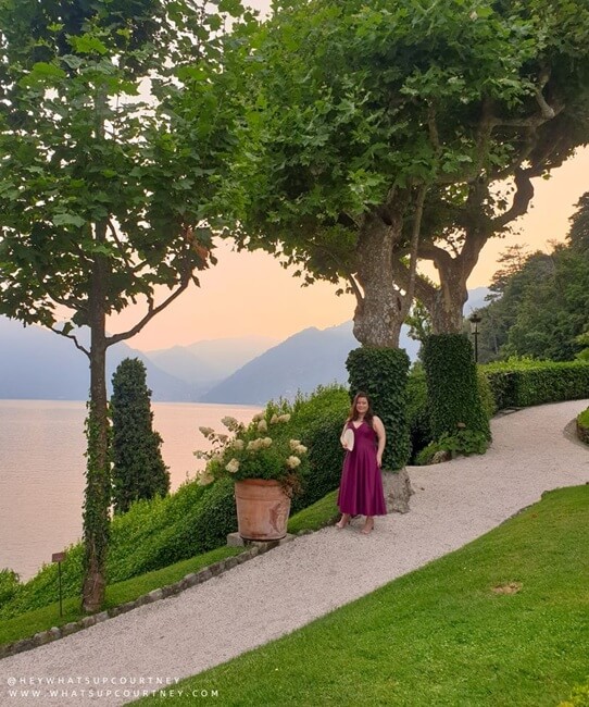 Courtney in a red dress for a wedding at Villa del Balbianello Lake como