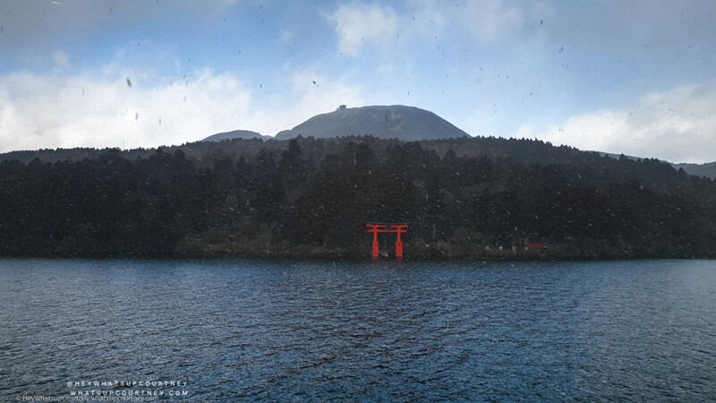 Torri Gate on Lake Ashi from a boat in Hakone Japan