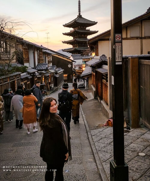 Kyoto Kiyomizu in Japan on the famous street with Courtney posing