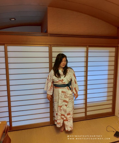 courtney in kimono ryokan, a thing you do when you stay in a ryokan in Hakone