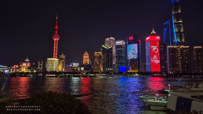 Shanghai tower and night skyline Pudong area from the Bund