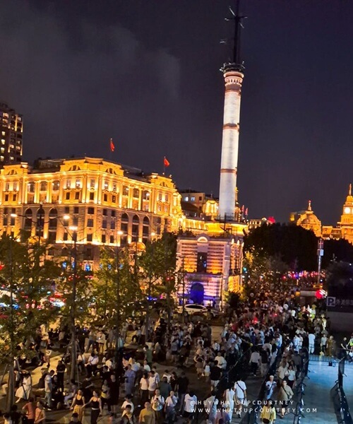 The Bund at night with crowds of people during Mid Autumn festival in shanghai
