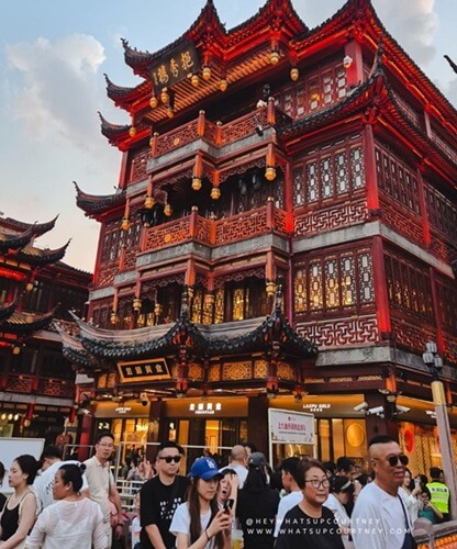 Yu Garden at dusk Shanghai with the lights on