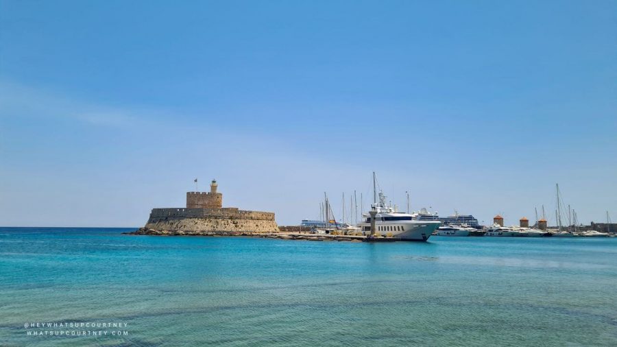The doe statue and St Nicholas Fortress rhodes