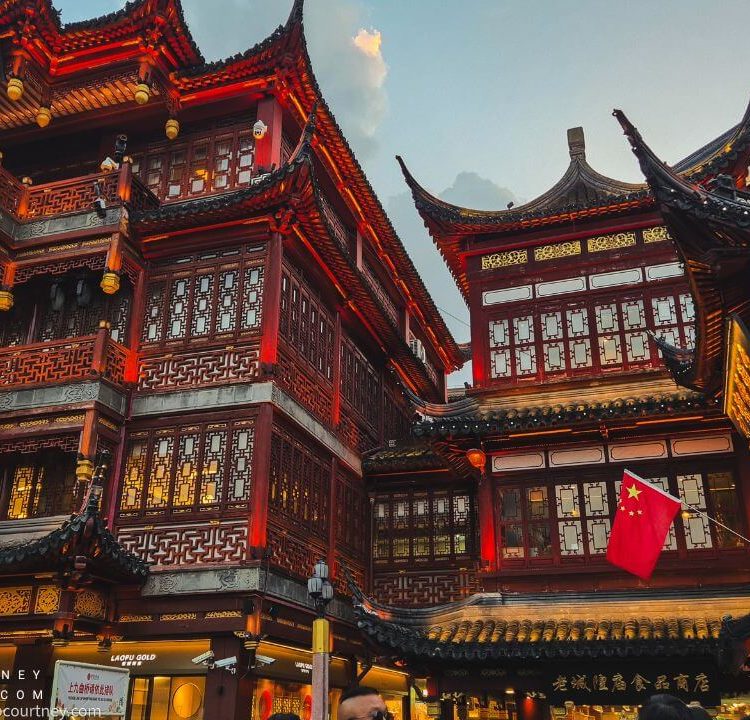 Yu gardens at Shanghai China at night with the lights on