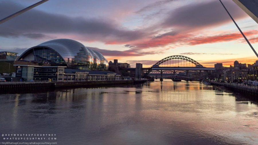 View of the River Tyne from the Millenium during sunet, Glasshouse concert hall, and the Tyne bridge at the quayside newcastle upon tyne