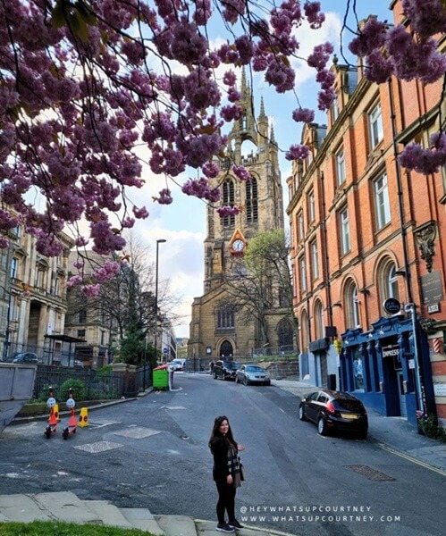 Courtney in front of st nicholas cathedral with cherry blossoms at newcastle city cetnre